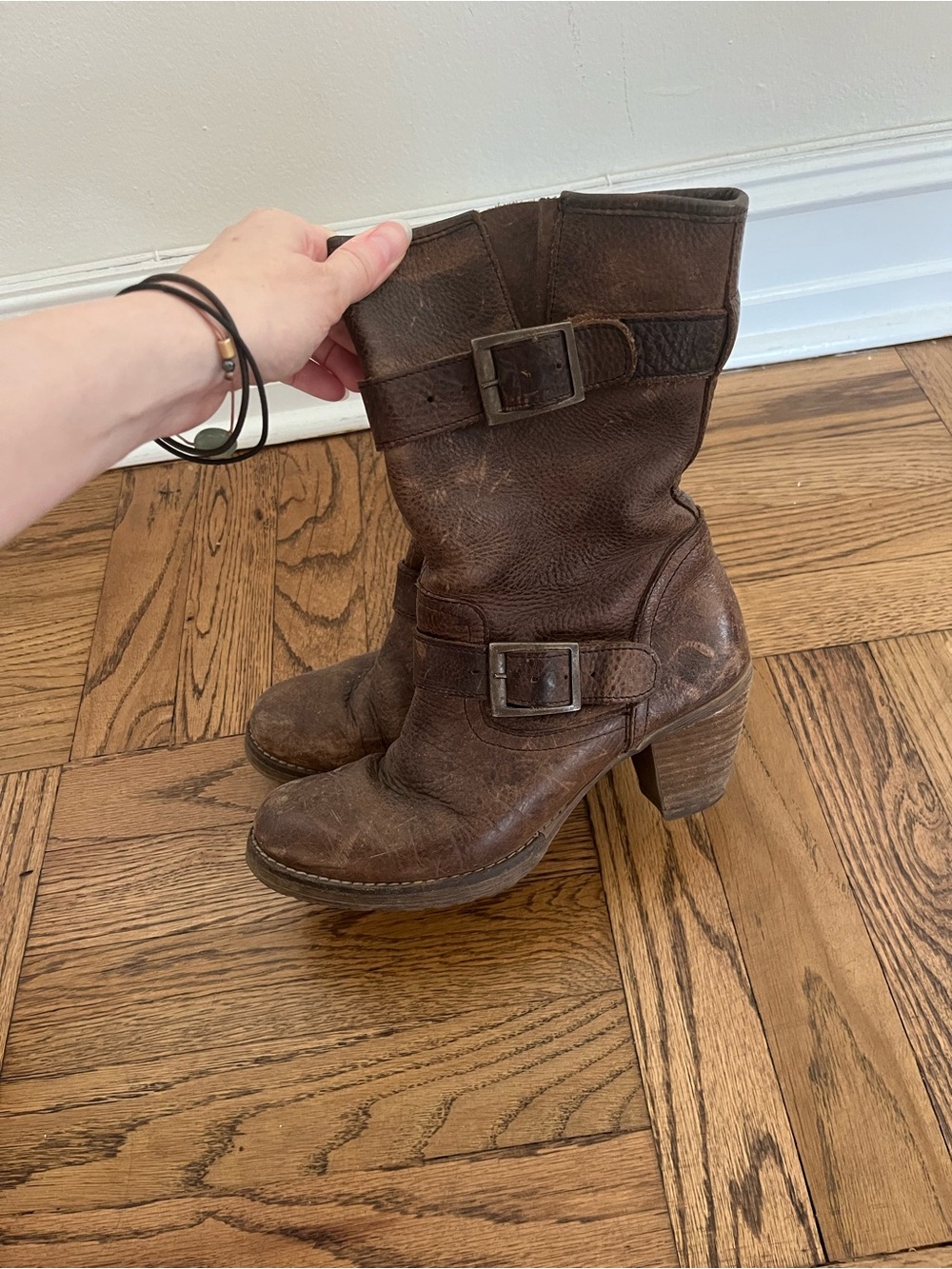 Steve Madden Women's Brown Leather Buckle Mid-Calf Heel Boots - size 37